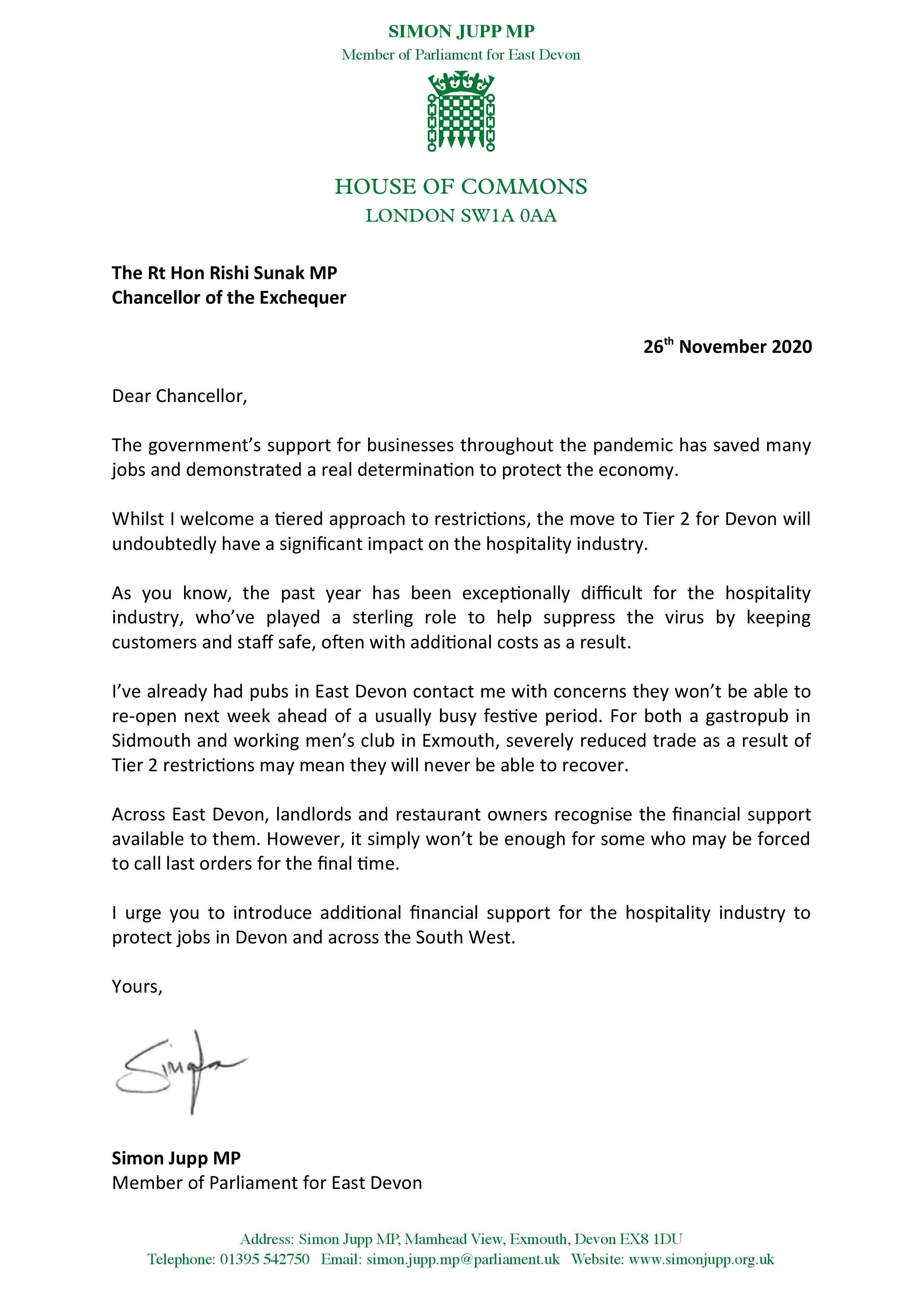 Letter to the Chancellor calling for more hospitality sector support